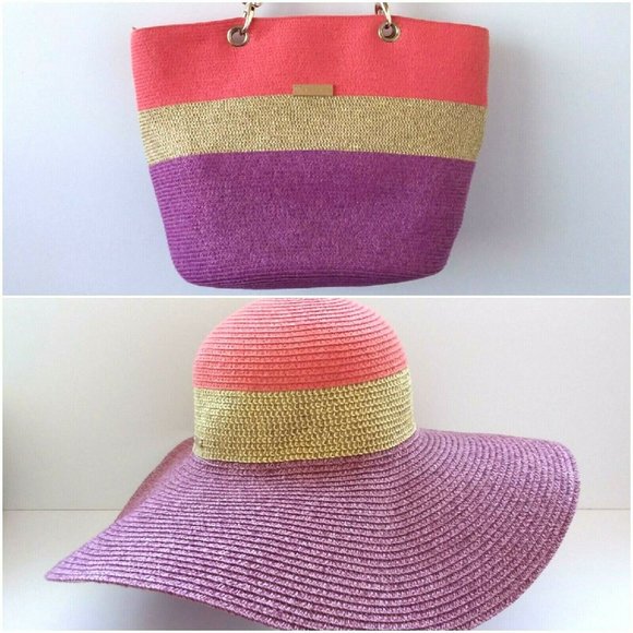 Amiani Handbags - Amiani Striped Straw Beach Hat & Tote Bag